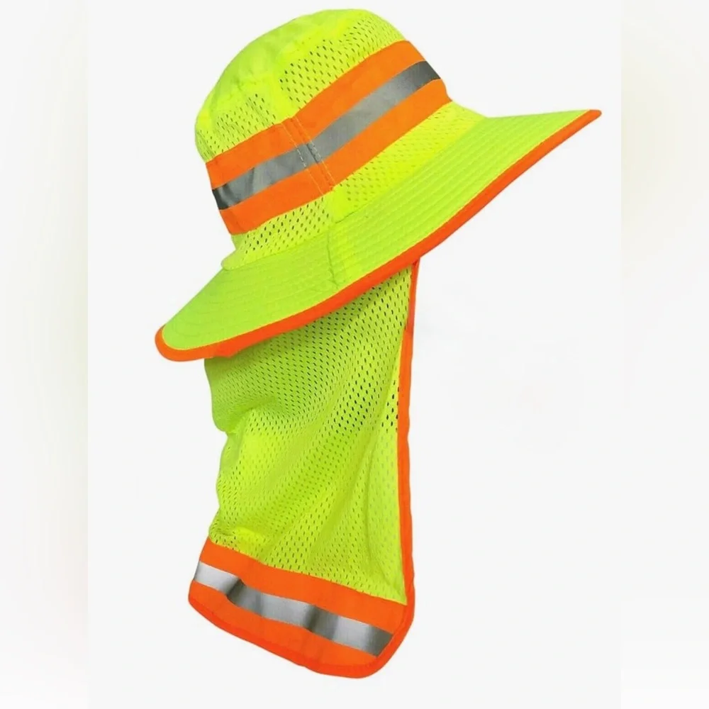 High-Visibility Mesh Sun Hat with Neck Flap - Neon Yellow and Orange
